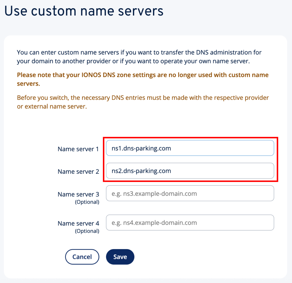 IONOS custom name servers form with warning about DNS zone settings no longer being used