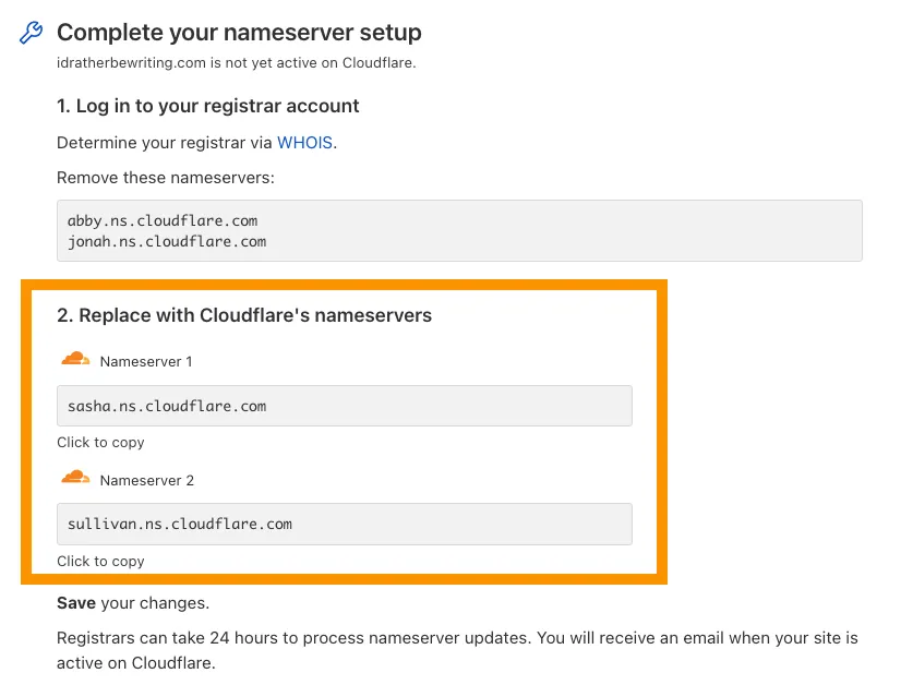 Cloudflare dashboard showing assigned nameservers for connecting a domain