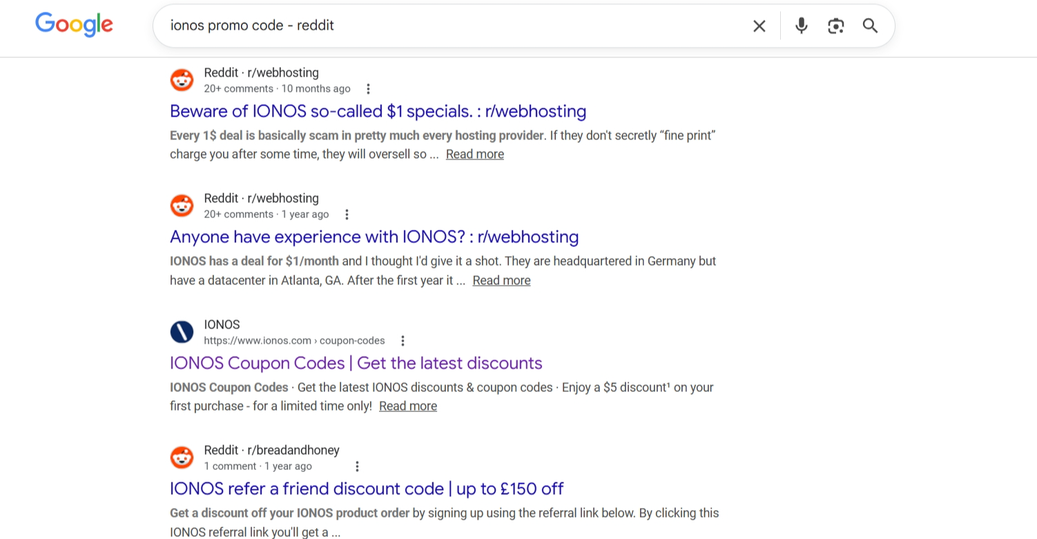Reddit search results showing IONOS promo code links instead of traditional coupon codes