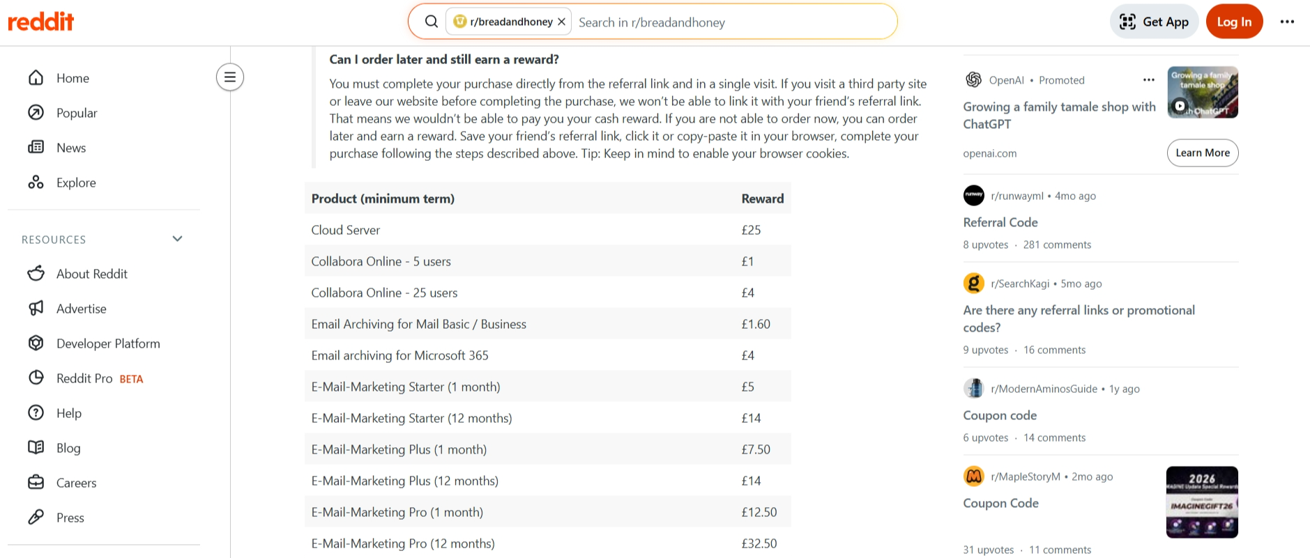 Aklamio reward table showing cashback amounts for different IONOS products