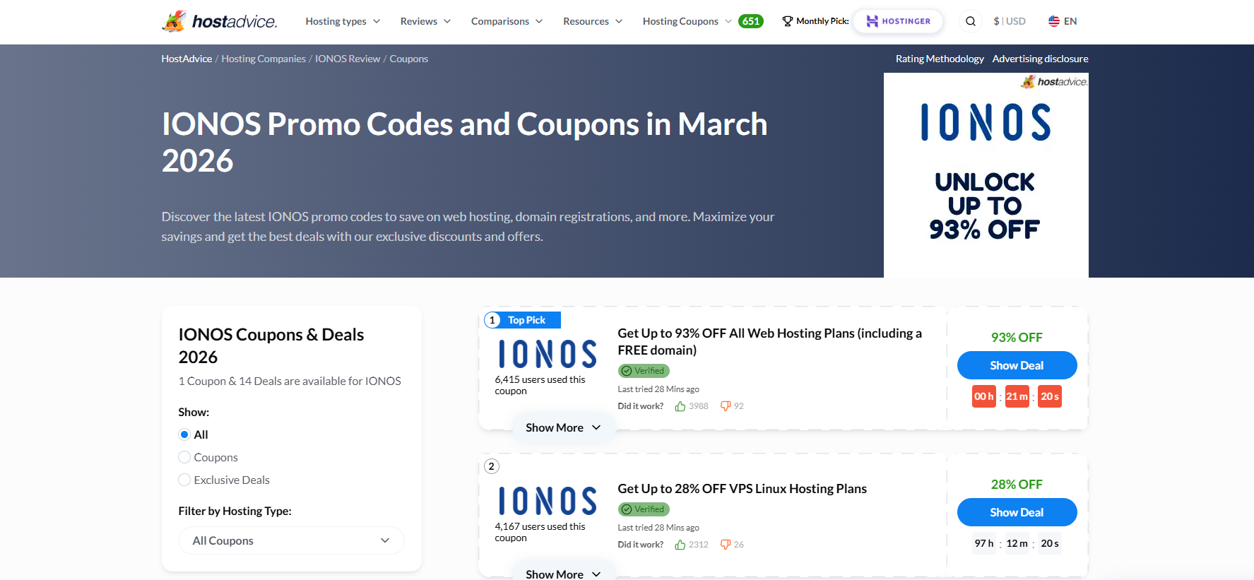 HostAdvice verified IONOS coupons page showing recently tested discount offers