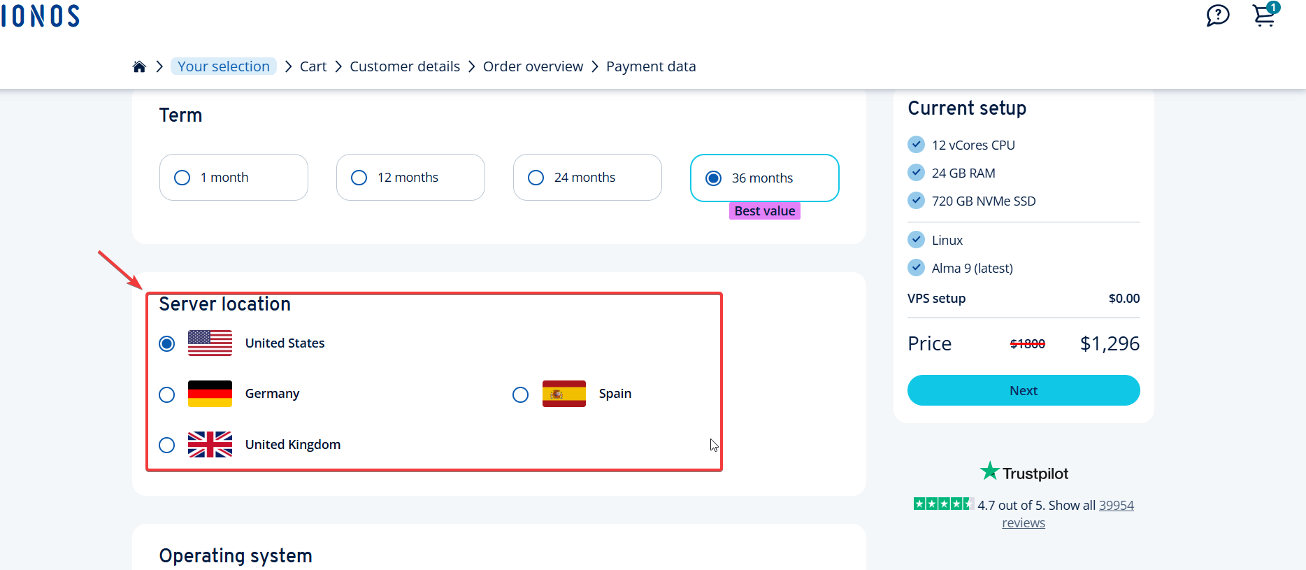ionos server locations payment data