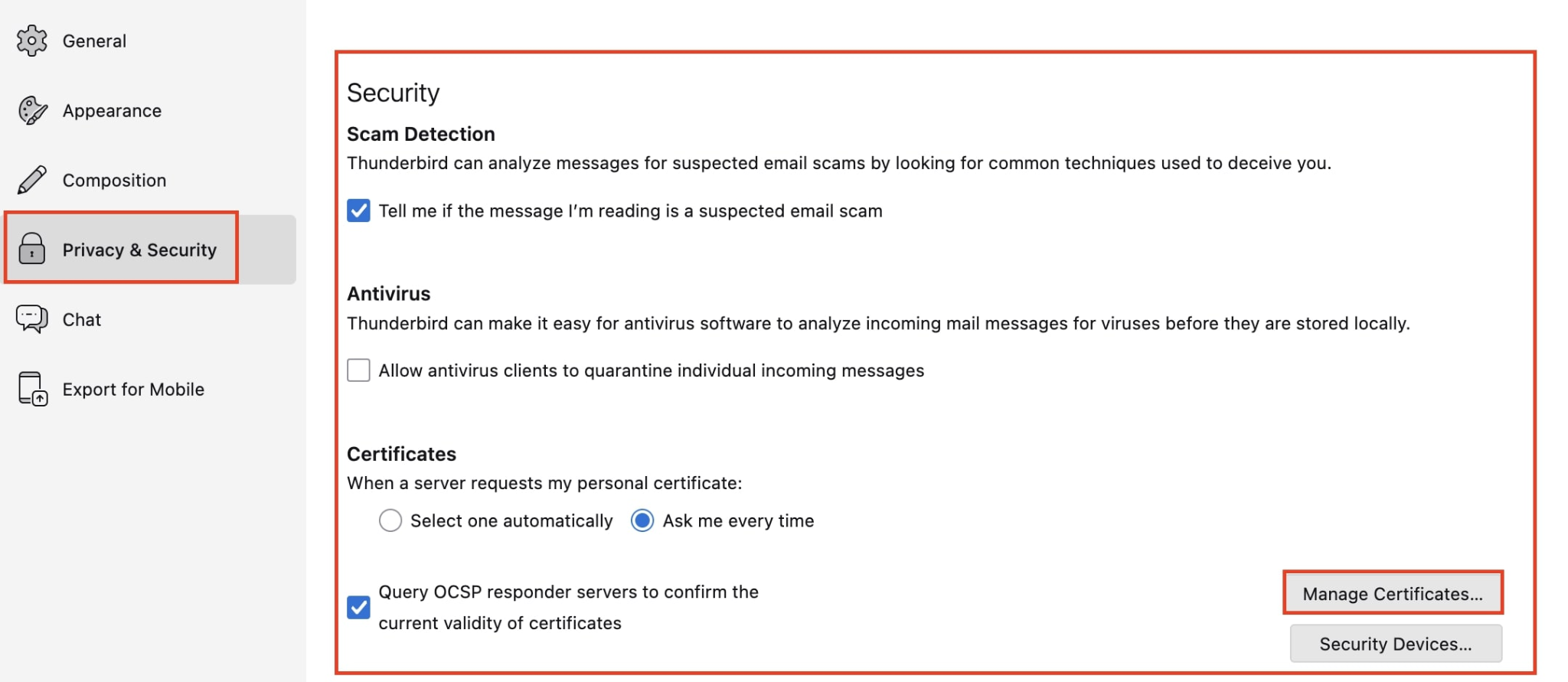 screenshot of IONOS Dashboard 'Privacy & Security' Tab 'Manage Certificates' button