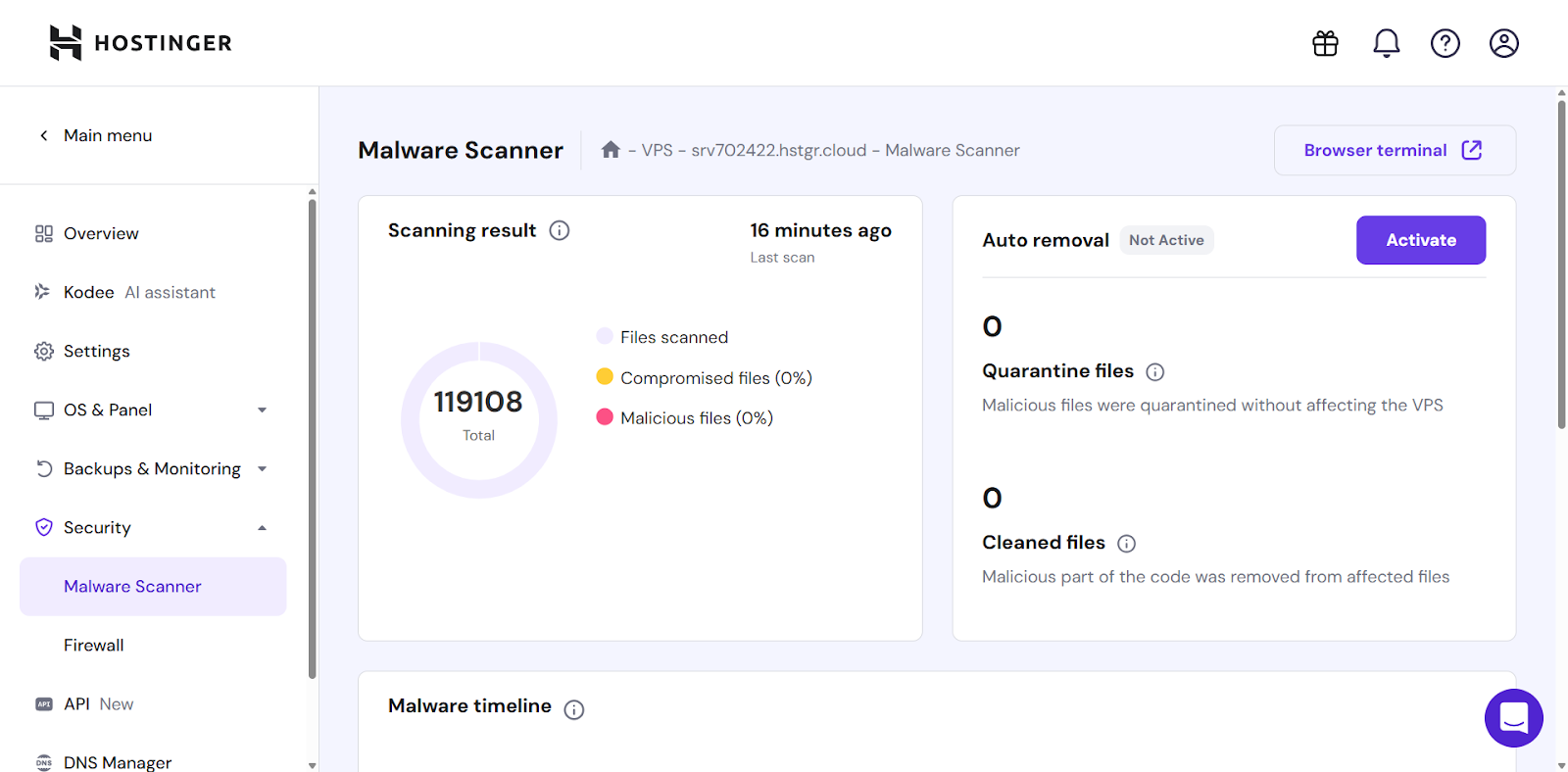 screenshot of Hostinger Malware Scanner