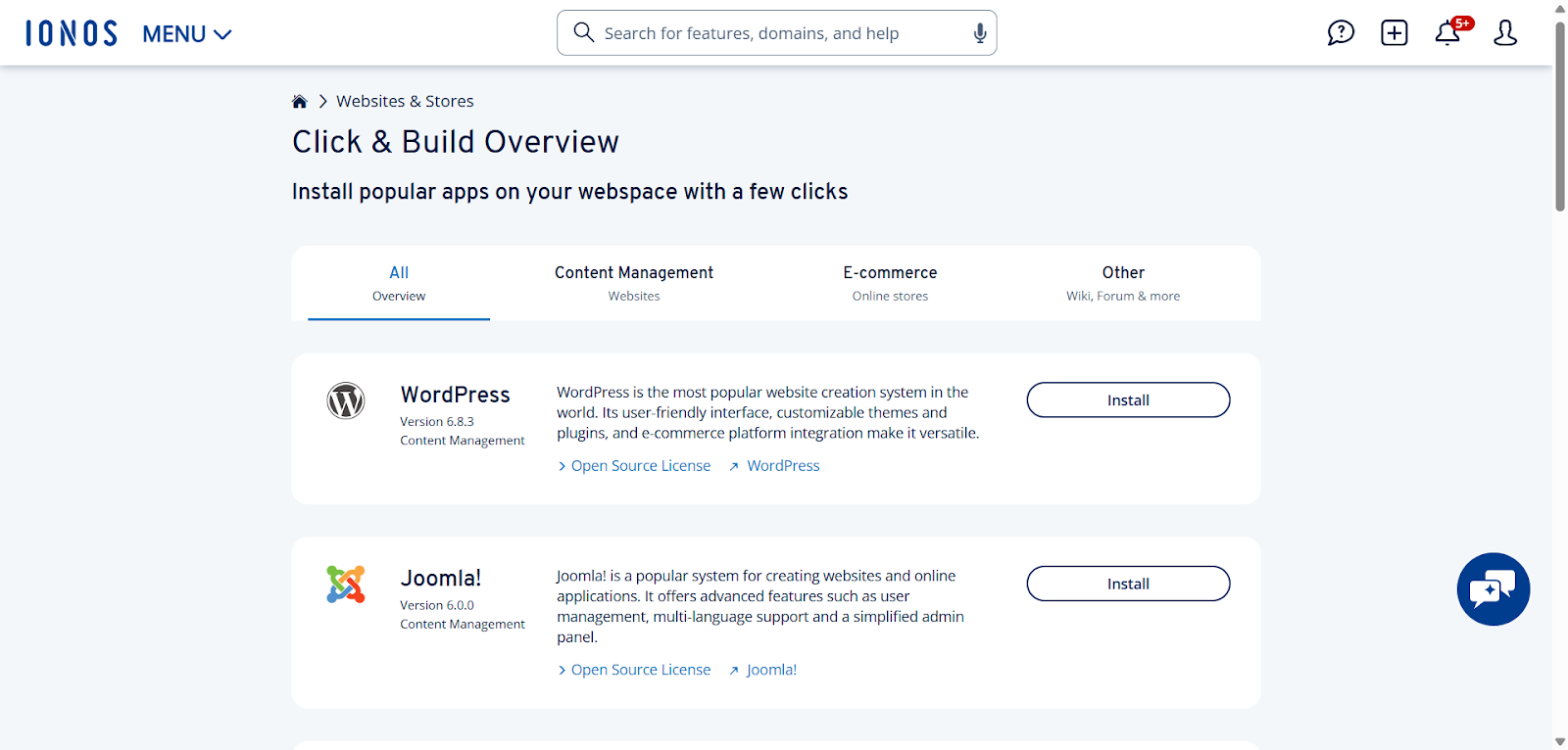 screenshot of IONOS 'Websites & Stores' page
