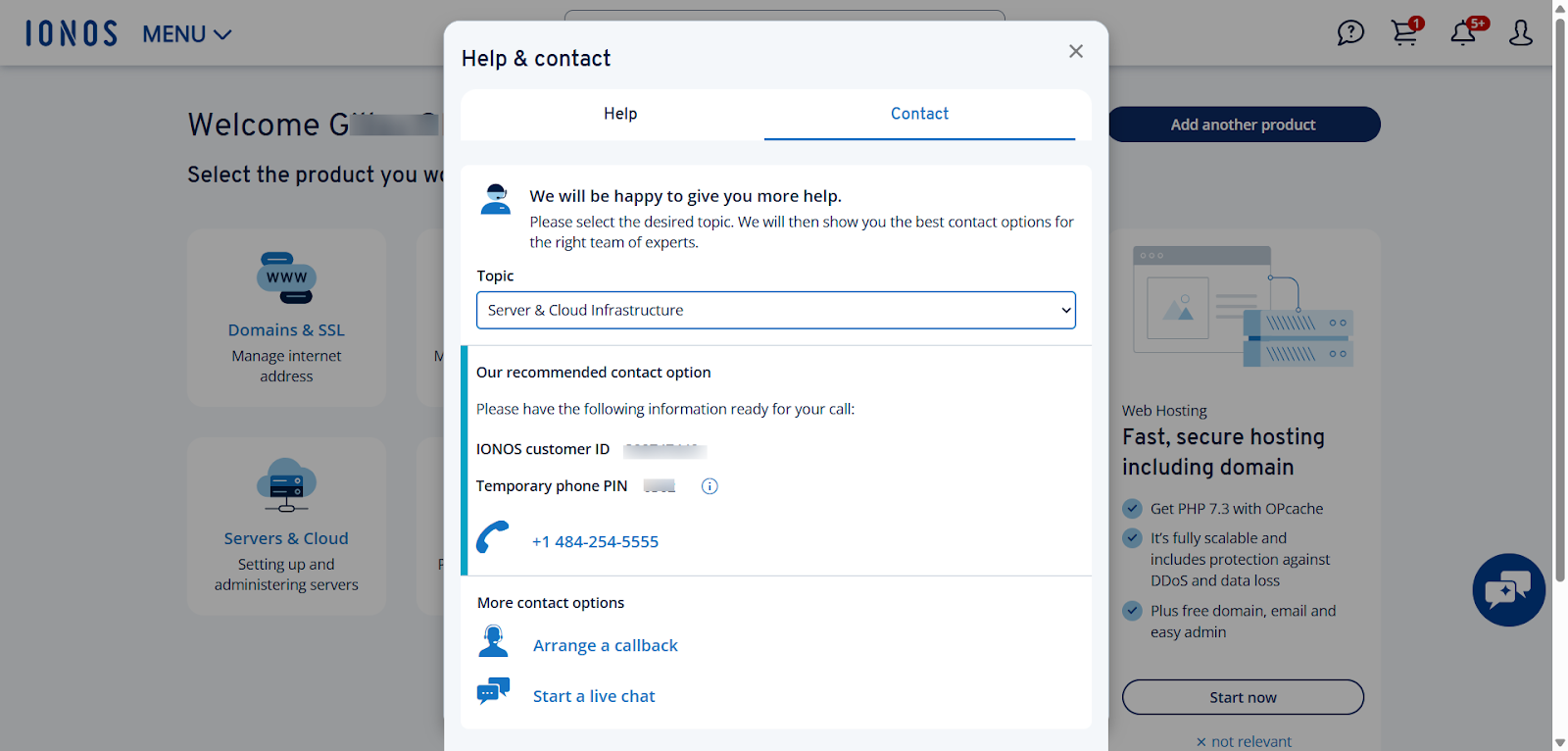 screenshot of IONOS Help & contact window