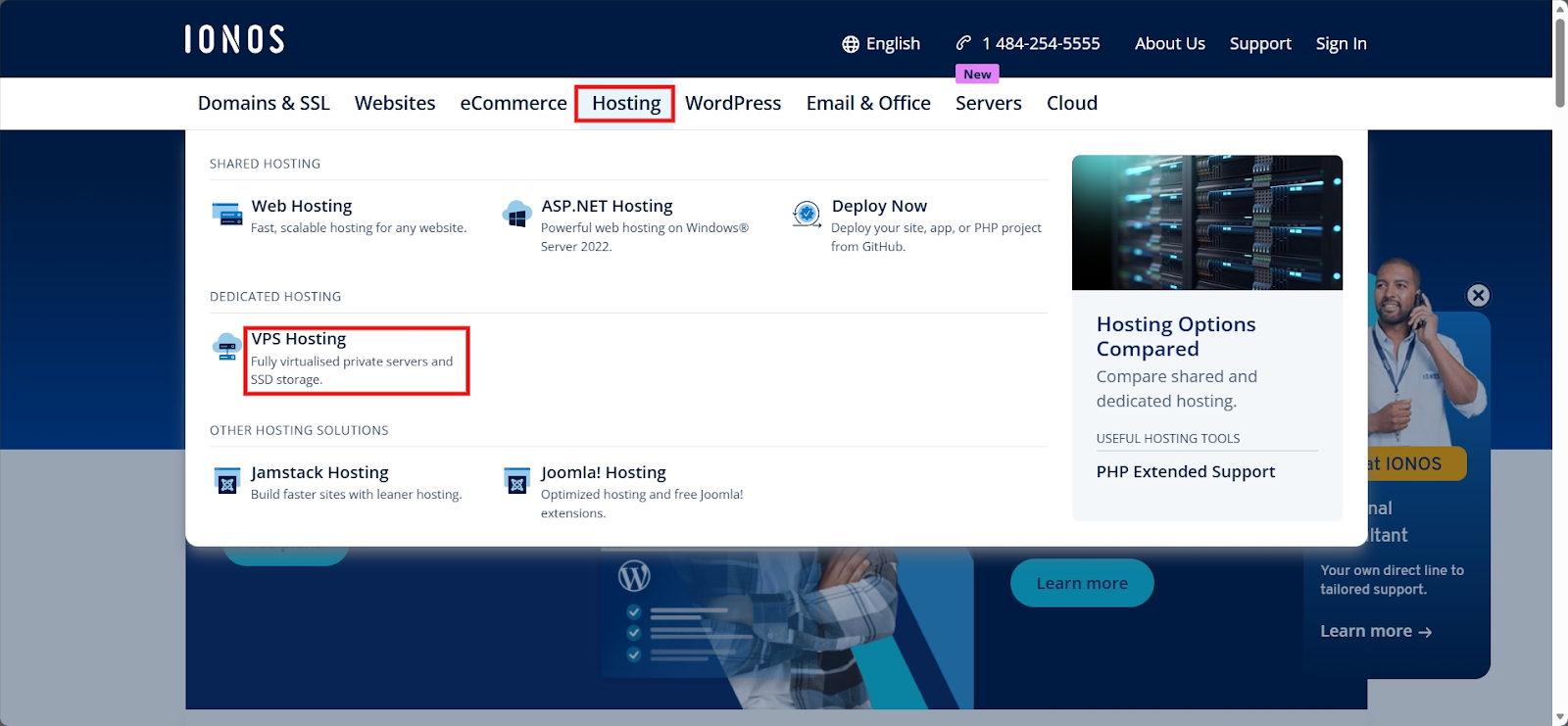 screenshot of IONOS Website VPS Hosting button