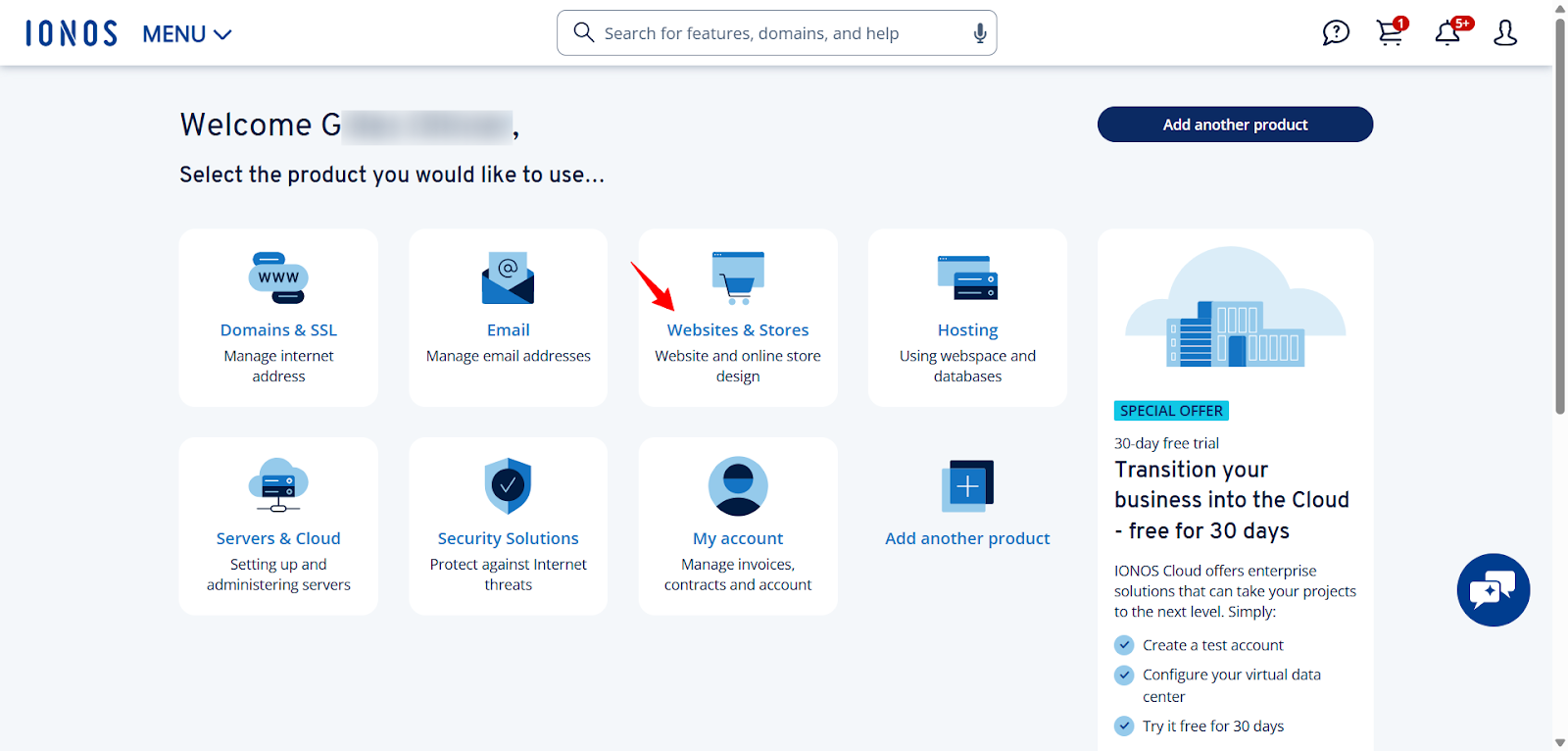 screenshot of IONOS Dashboard
