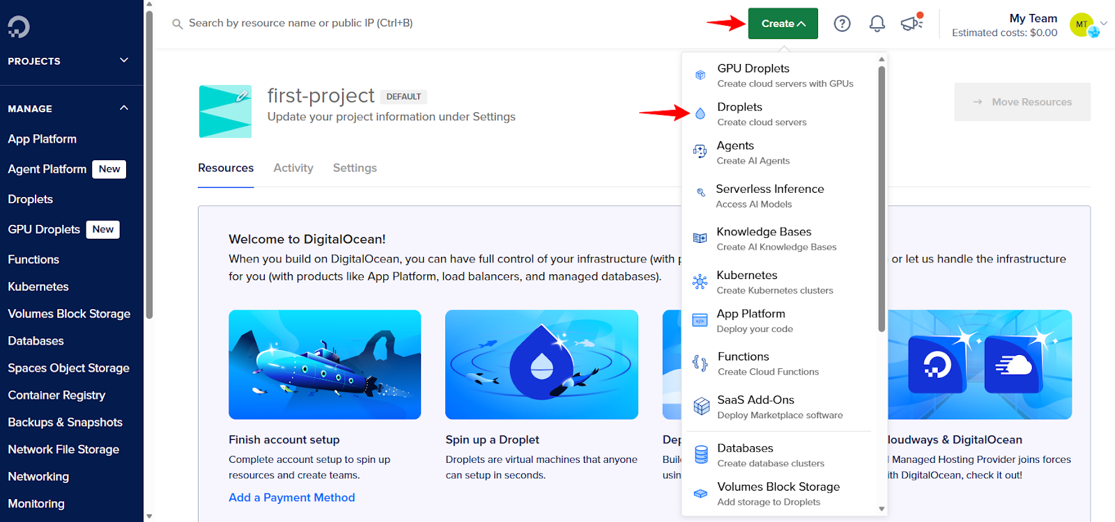 screenshot of DO Dashboard 'Create' dropdown menu