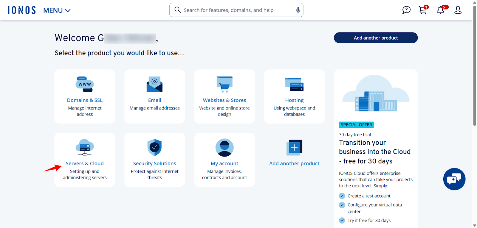 screenshot of IONOS dashboard 'Servers & Cloud' button