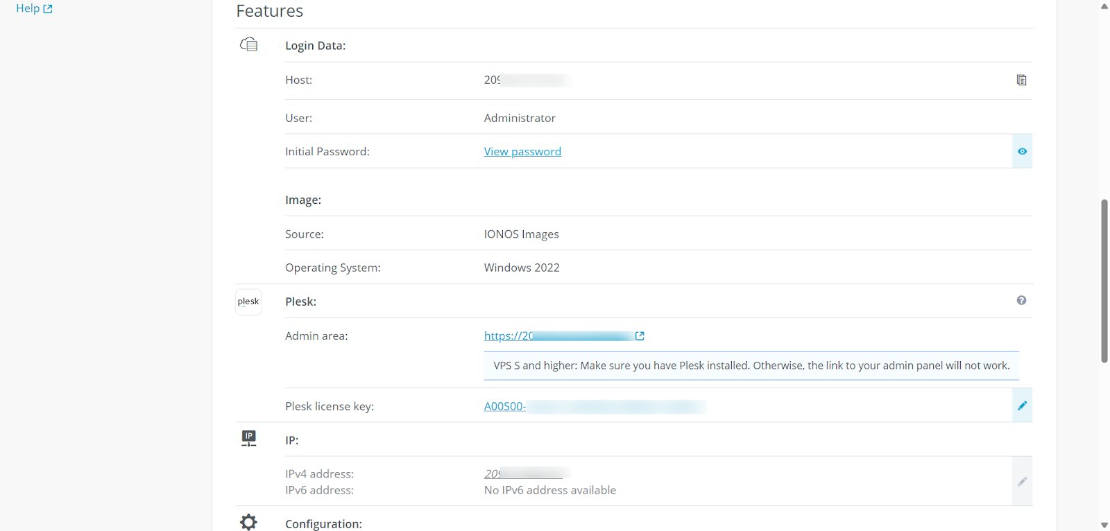 screenshot of IONOS Server settings