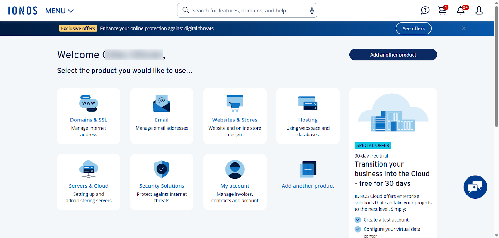 screenshot of IONOS Dashboard