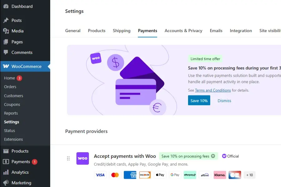 screenshot of WooCommerce Payment options