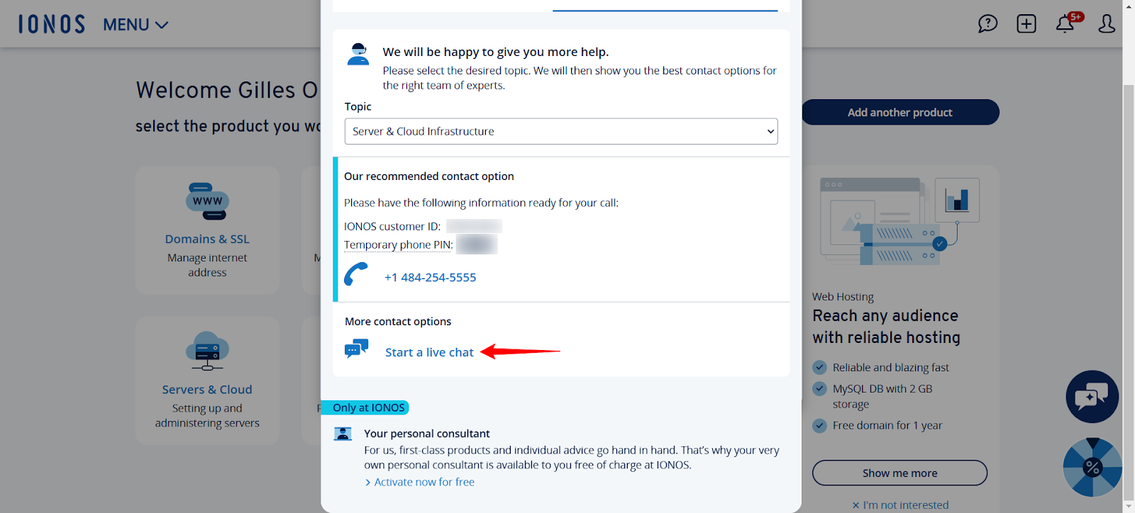screenshot of IONOS 'Start a live chat button'