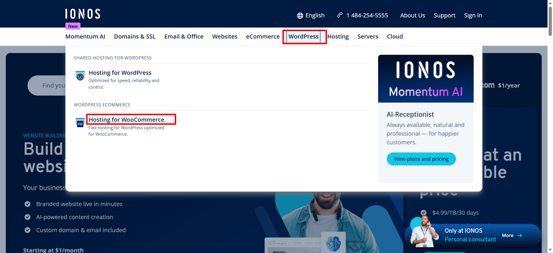 screenshot of IONOS Website 'Hosting for WooCommerce' button