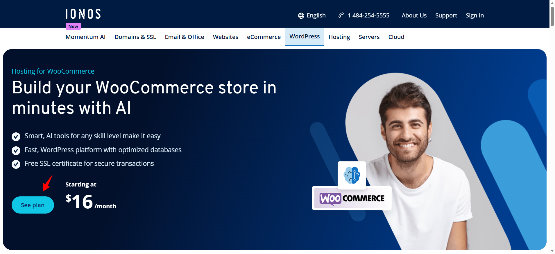 screenshot of IONOS Website 'Hosting for WooCommerce' button