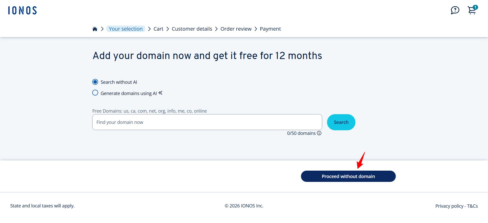 screenshot of IONOS Website 'Proceed without domain' button