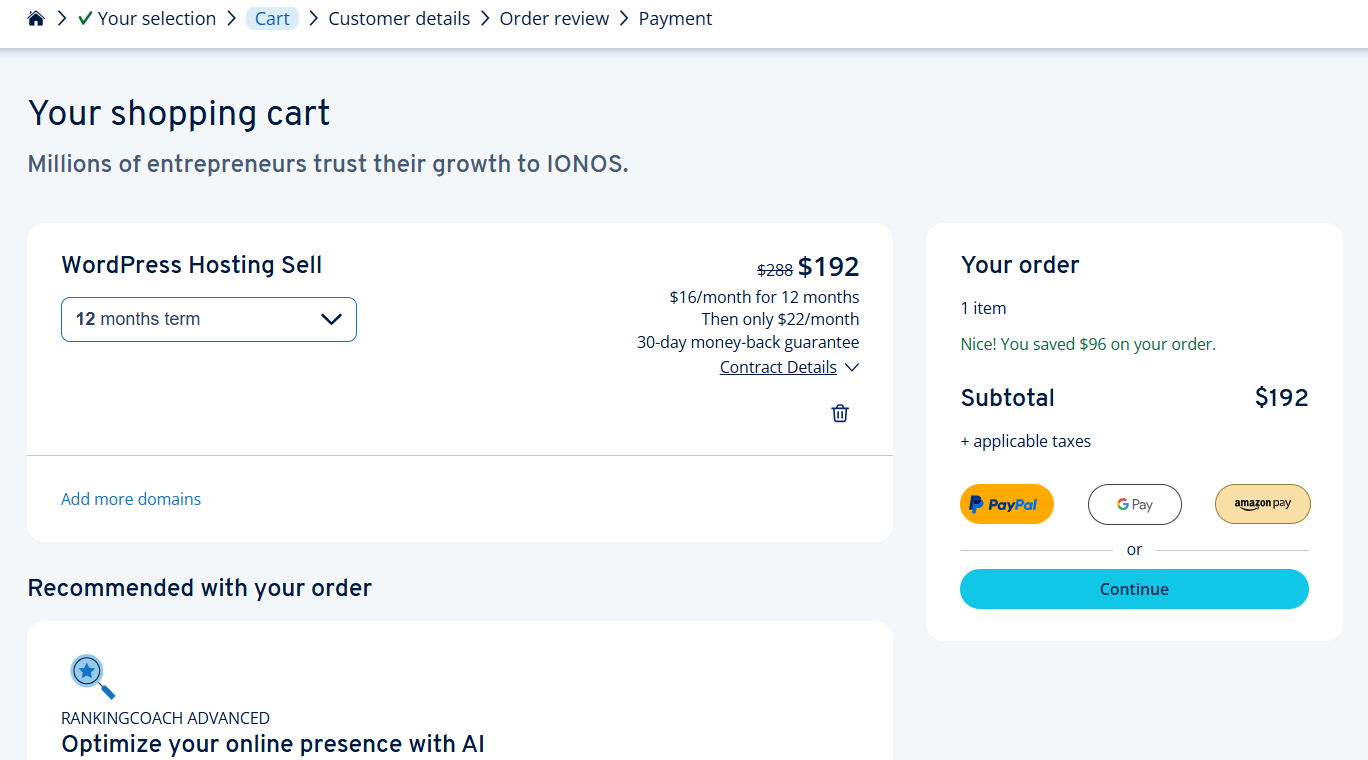 screenshot of IONOS shopping cart