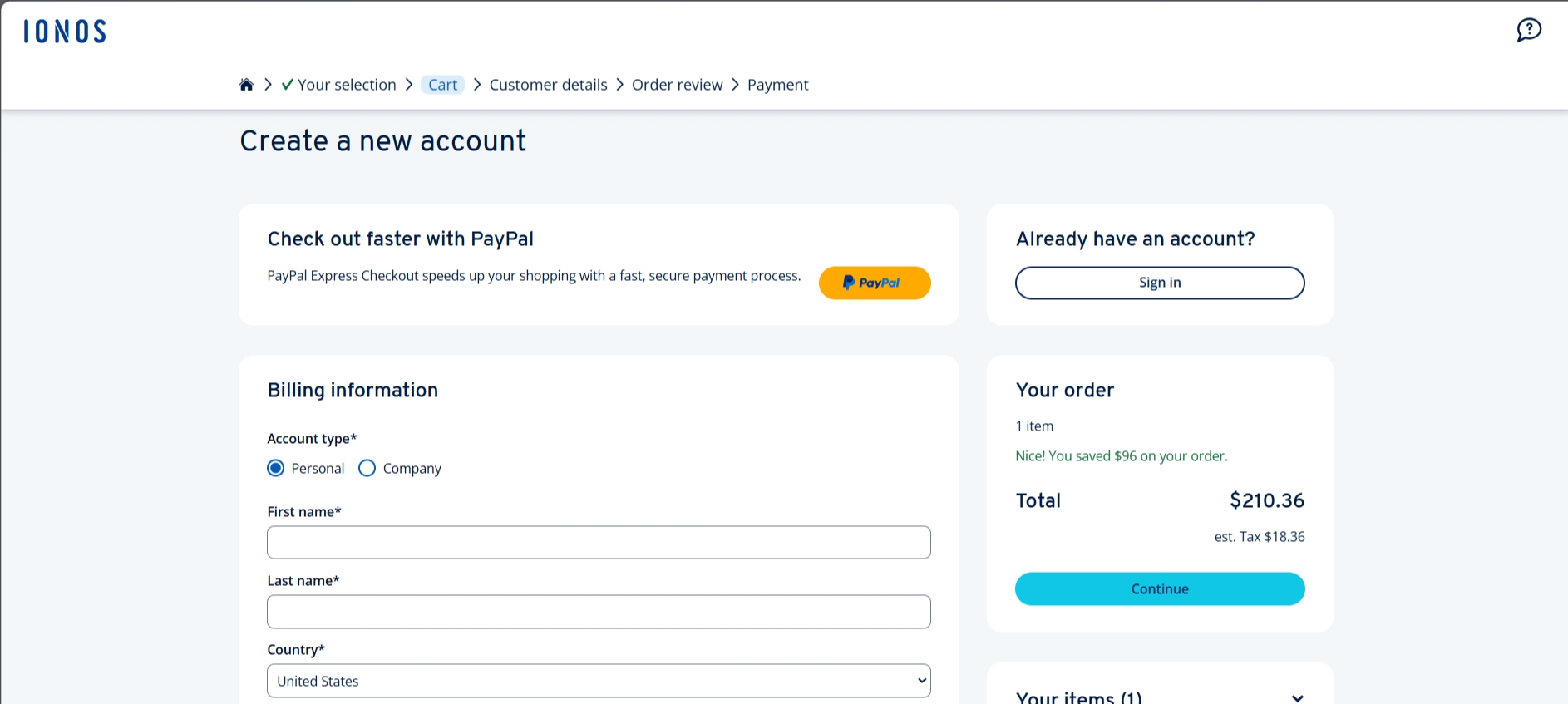 screenshot of IONOS Billing Information