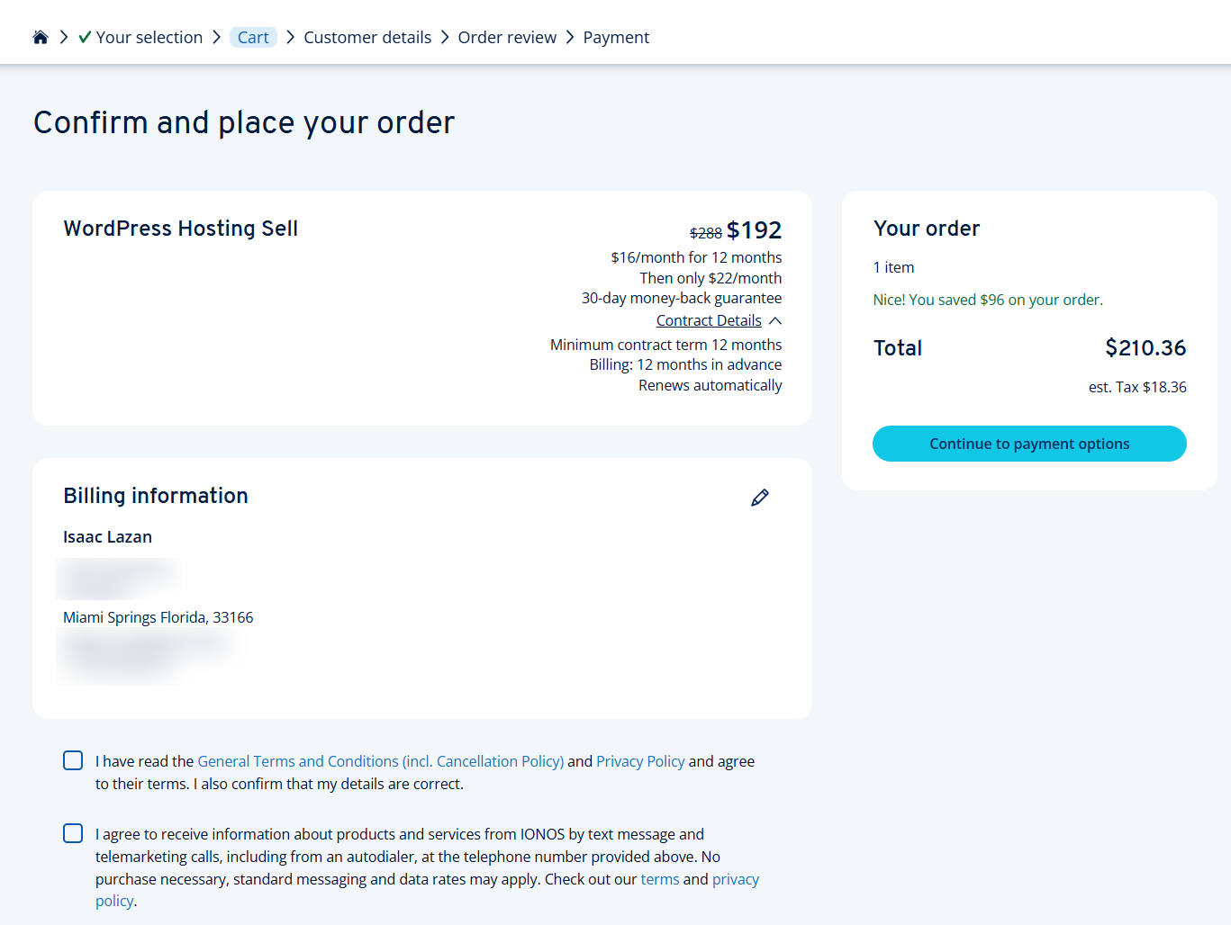 screenshot of IONOS cart