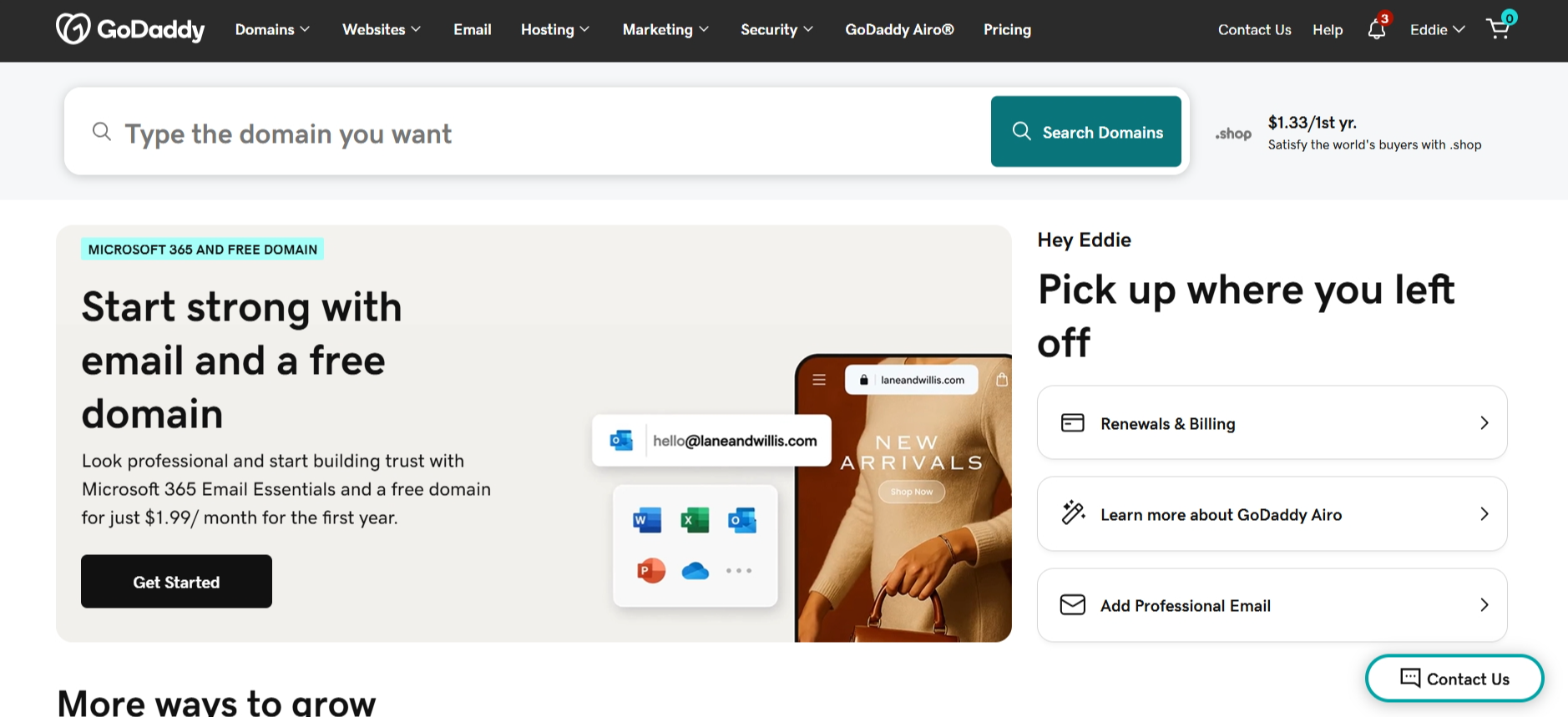 GoDaddy homepage showing its website and services overview
