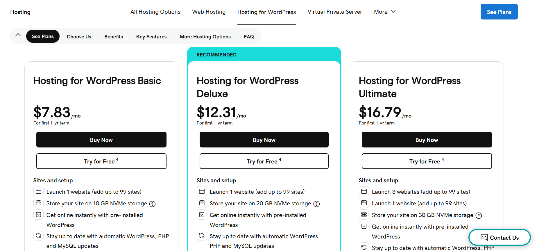 GoDaddy managed WordPress hosting plans and features