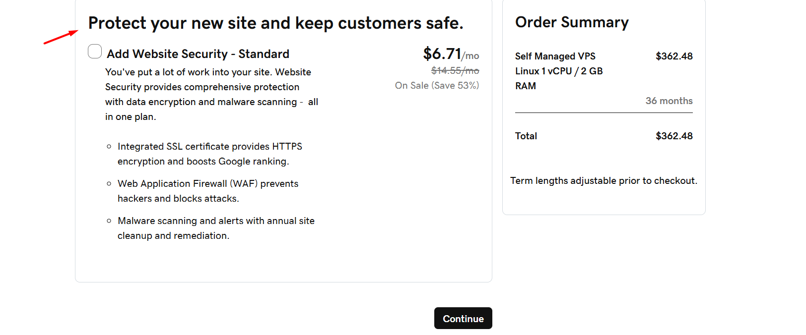 GoDaddy checkout page showing upsells and add-on offers