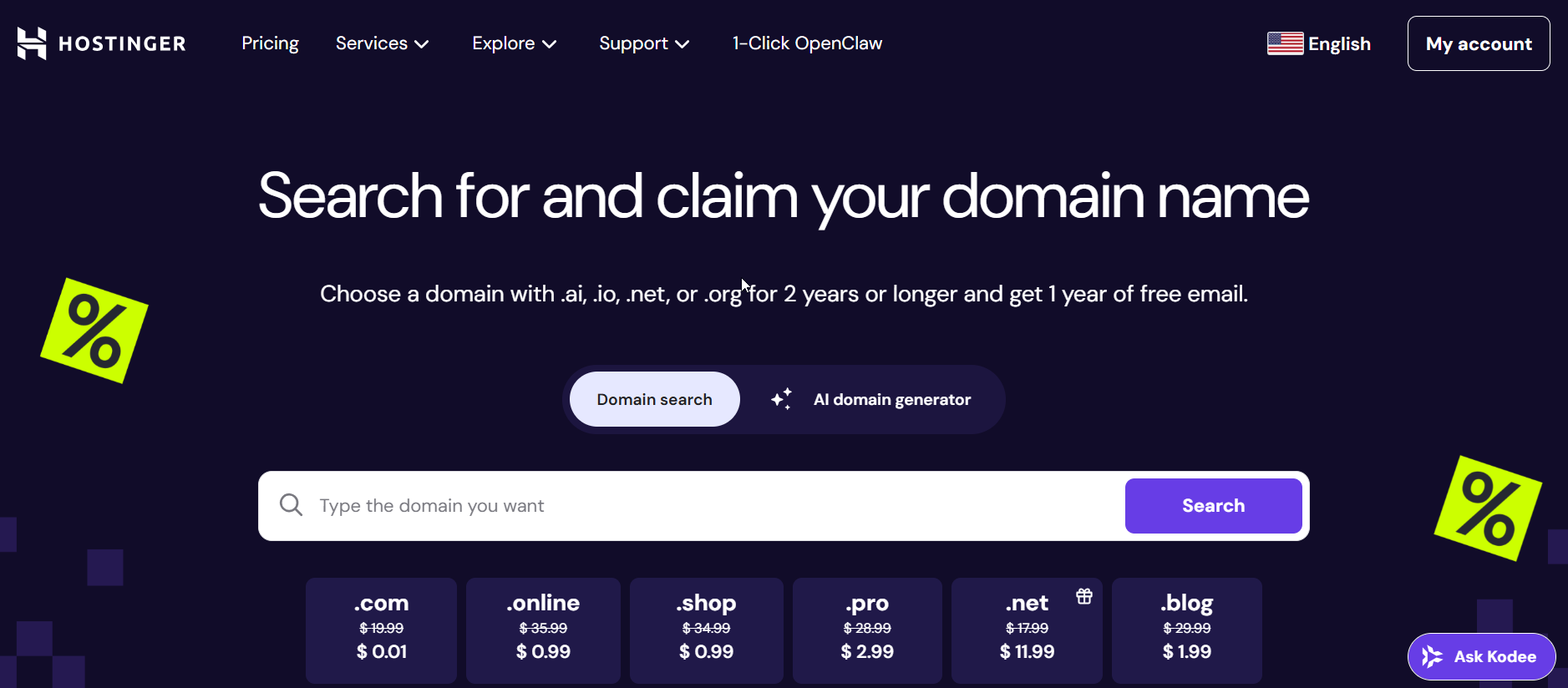 Hostinger domain search tool results