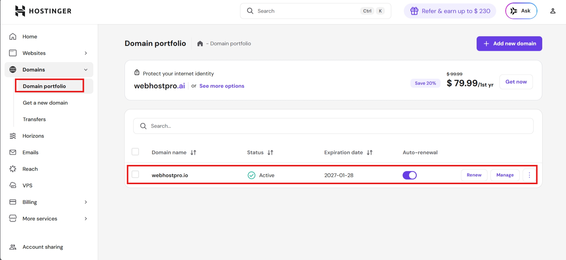 Hostinger domain portfolio in hPanel