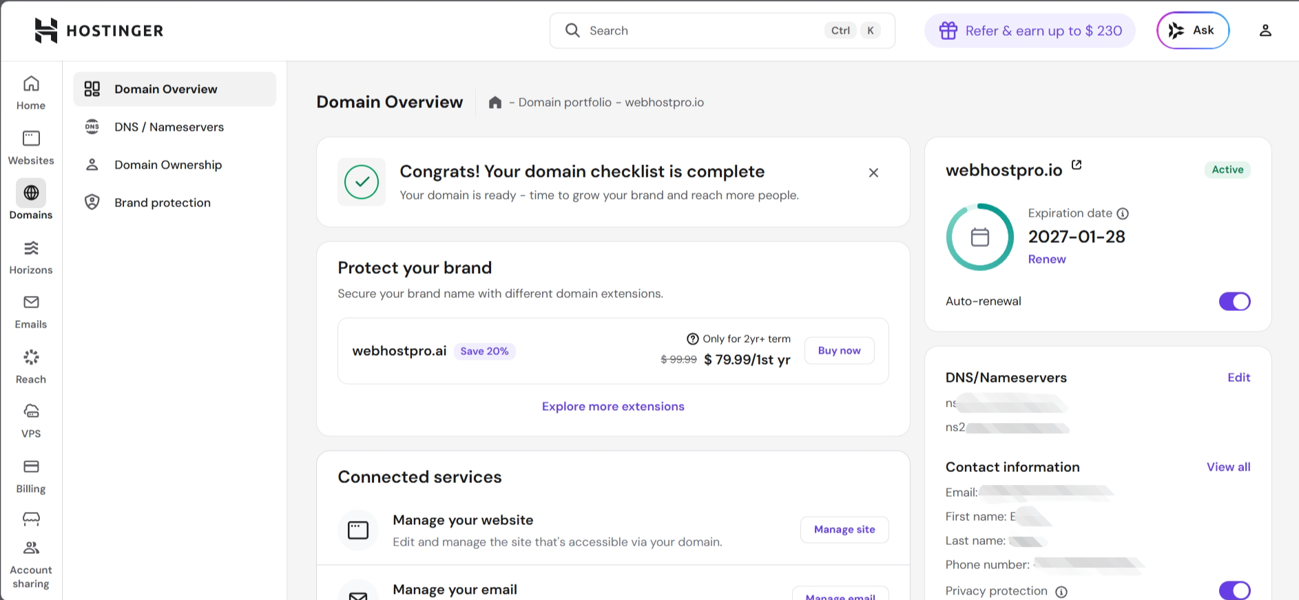 Hostinger domain overview in hPanel
