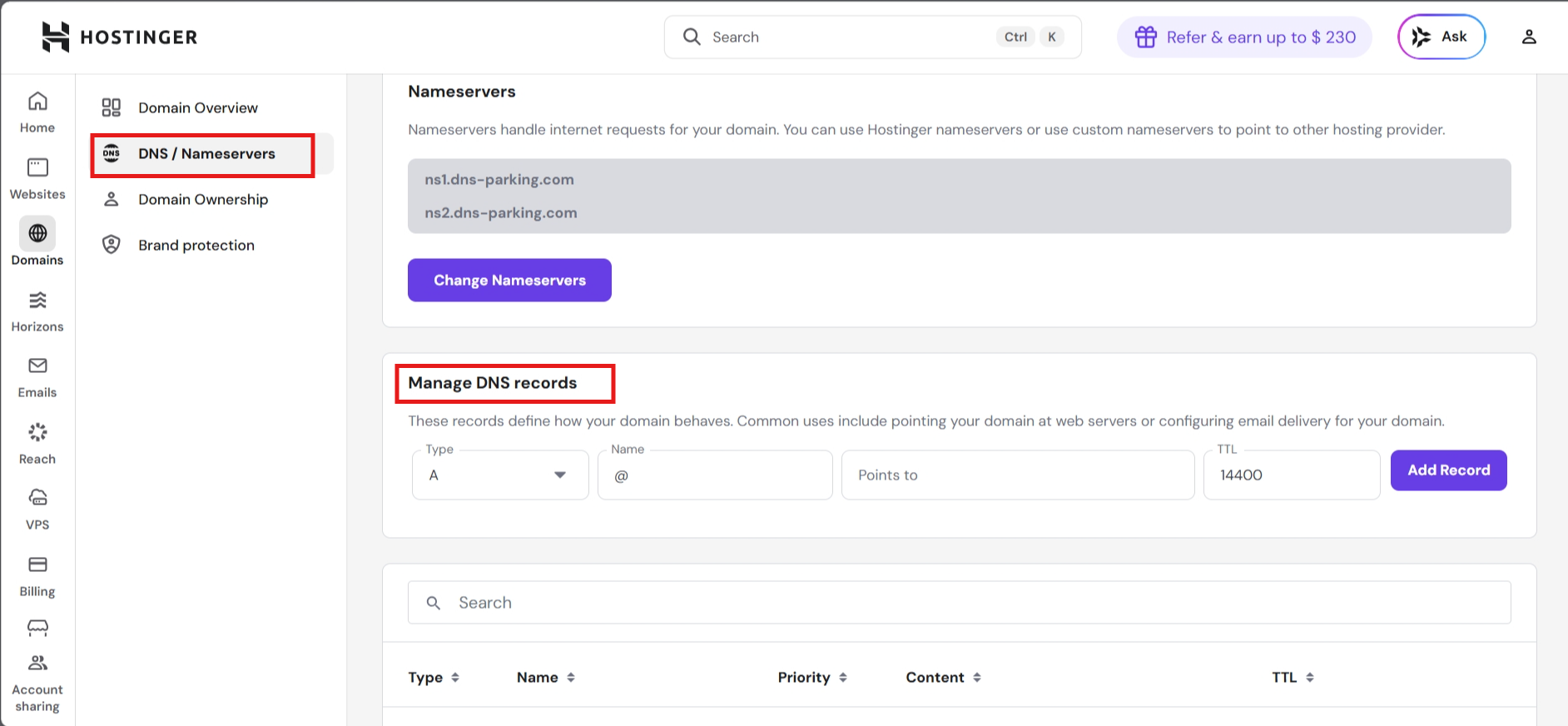 Hostinger DNS record management in hPanel