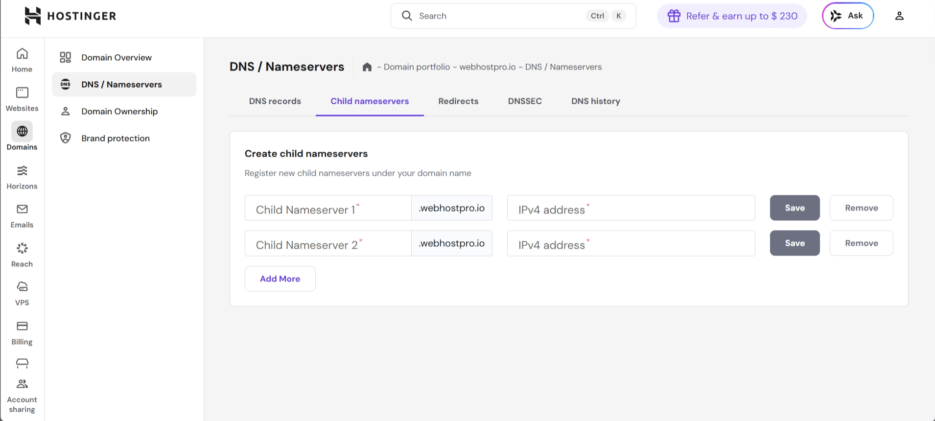 Hostinger nameserver settings in hPanel