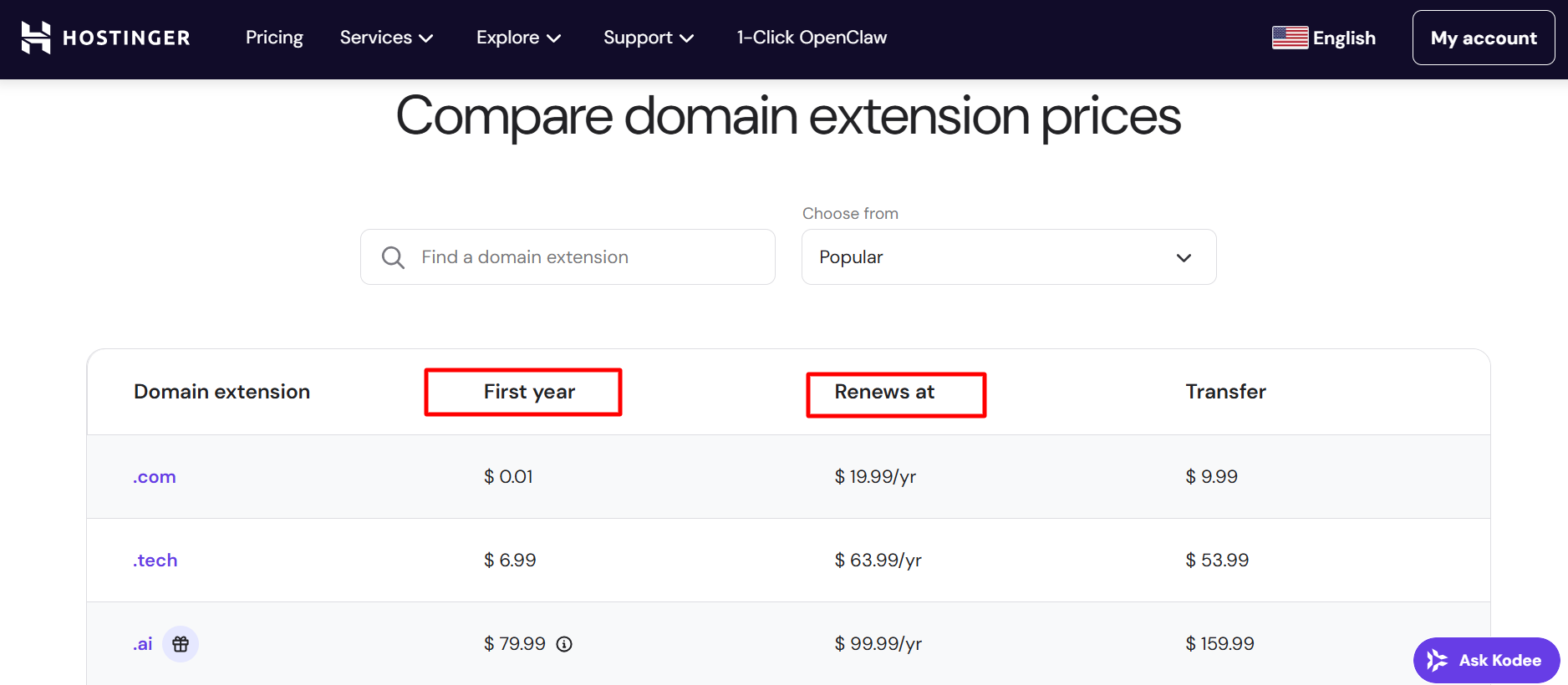 Hostinger domain pricing and renewal terms
