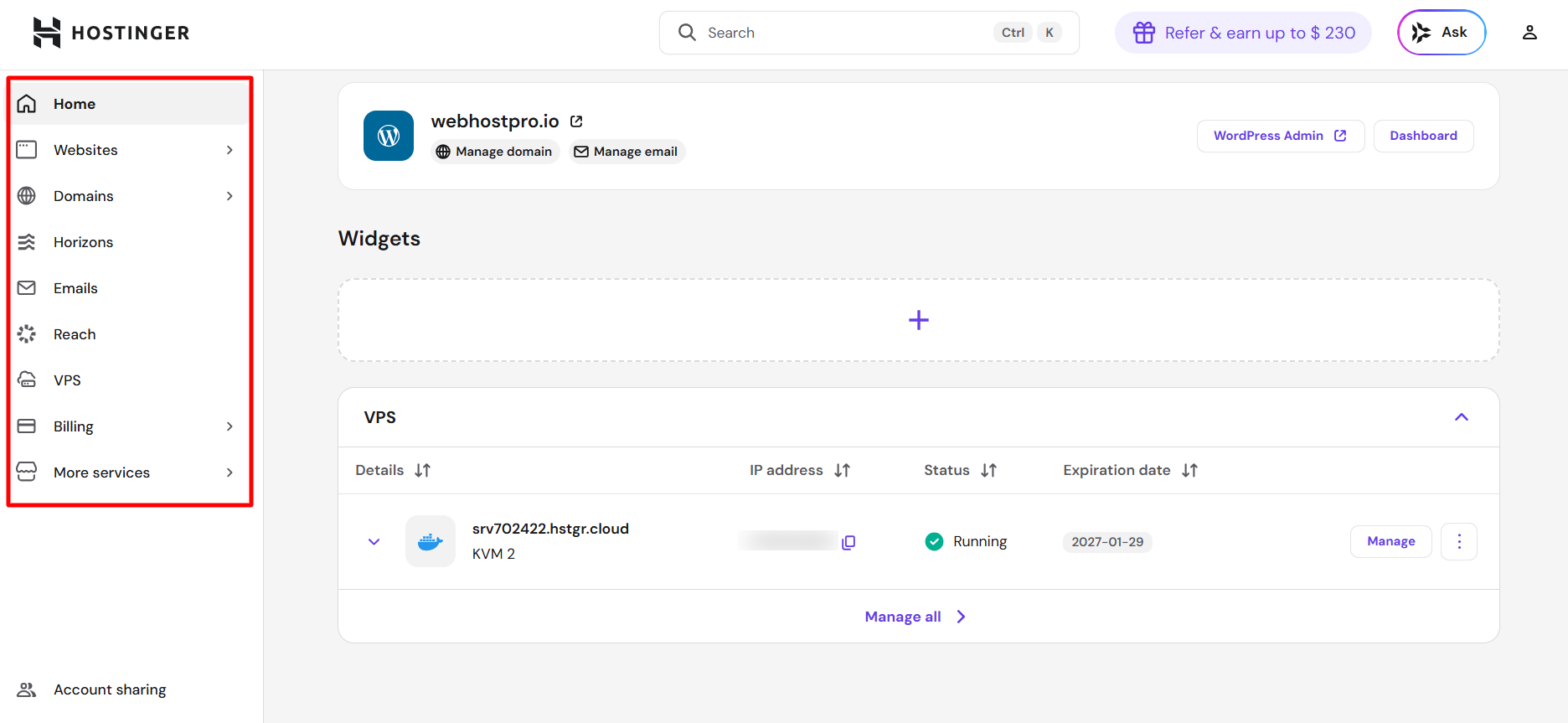 Hostinger hPanel dashboard for domain, hosting, and email management