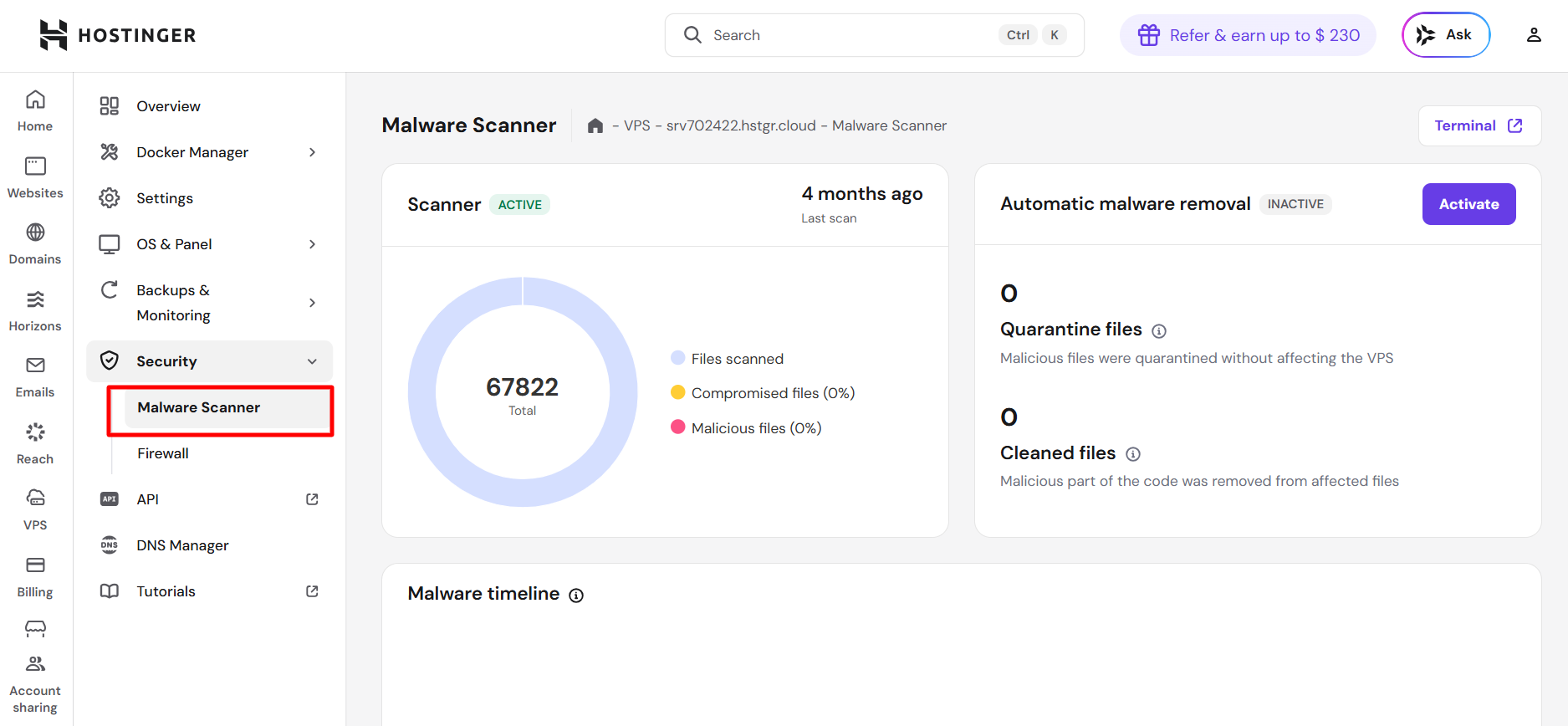 Hostinger malware scanner in hPanel