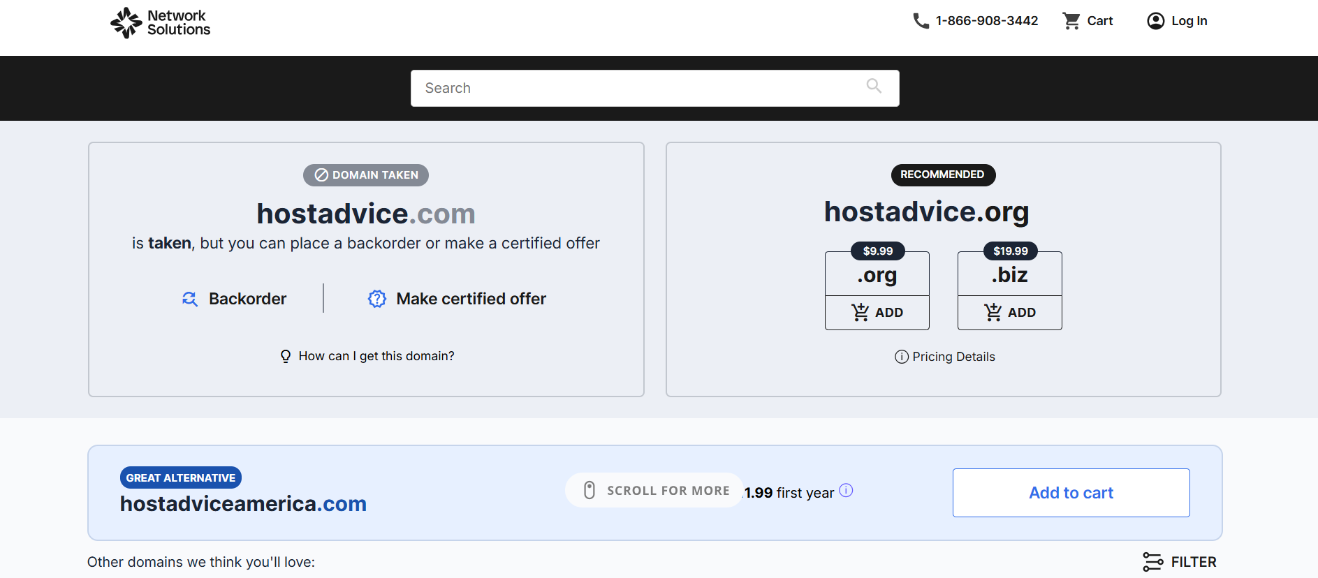screenshot of Network Solutions Domain menu
