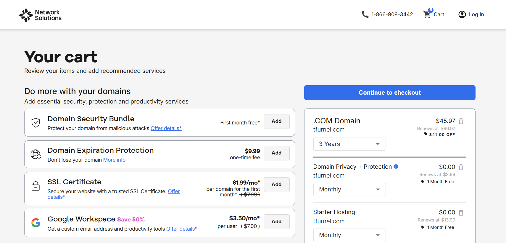 screenshot of Network Solutions cart