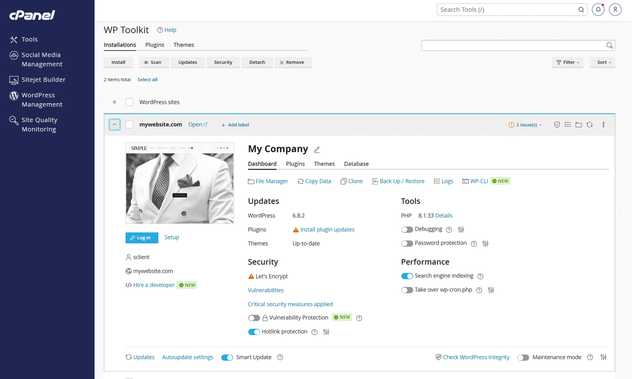 screenshot of the WP Toolkit