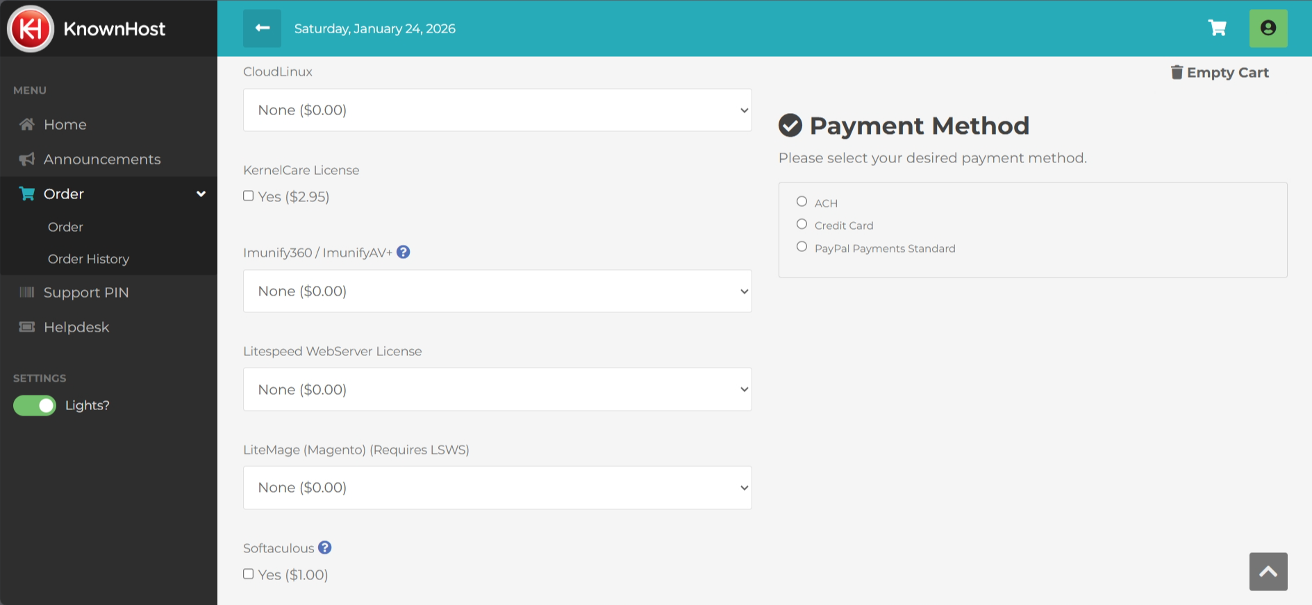 screenshot of Knownhost Payment methods