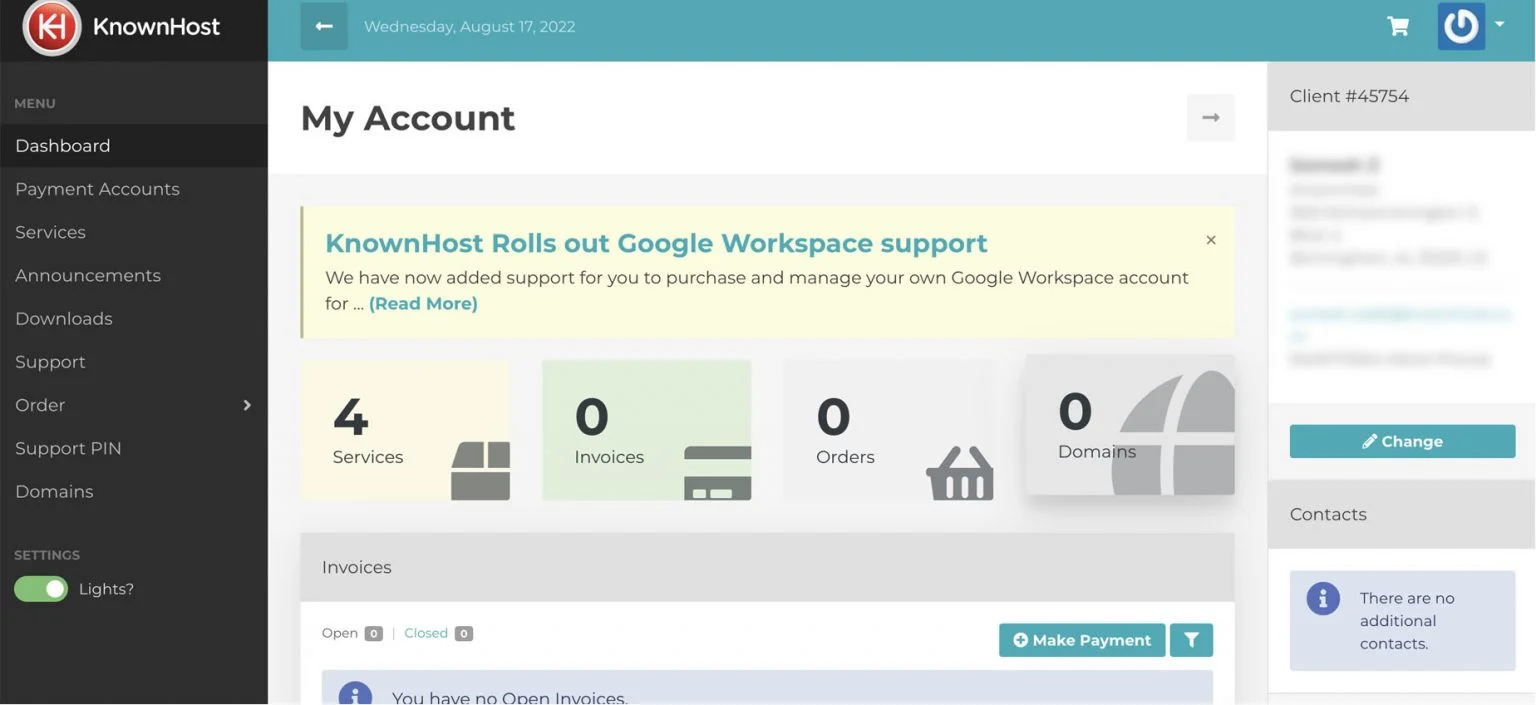 screenshot of KnownHost Dashboard