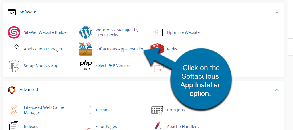 screenshot of Softaculous Apps Installer