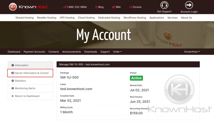 screenshot of KnownHost 'Server information & Control' tab