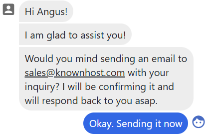 screenshot of KnownHost Live Chat conversation