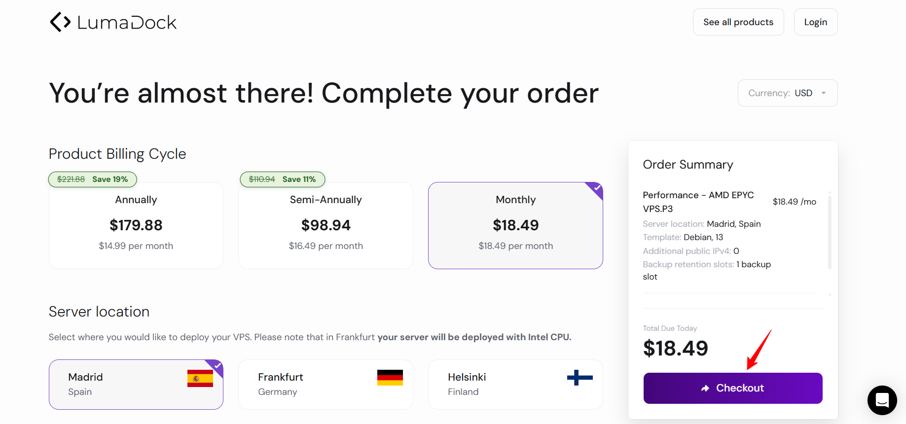 Screenshot of LumaDock hosting plan configurations