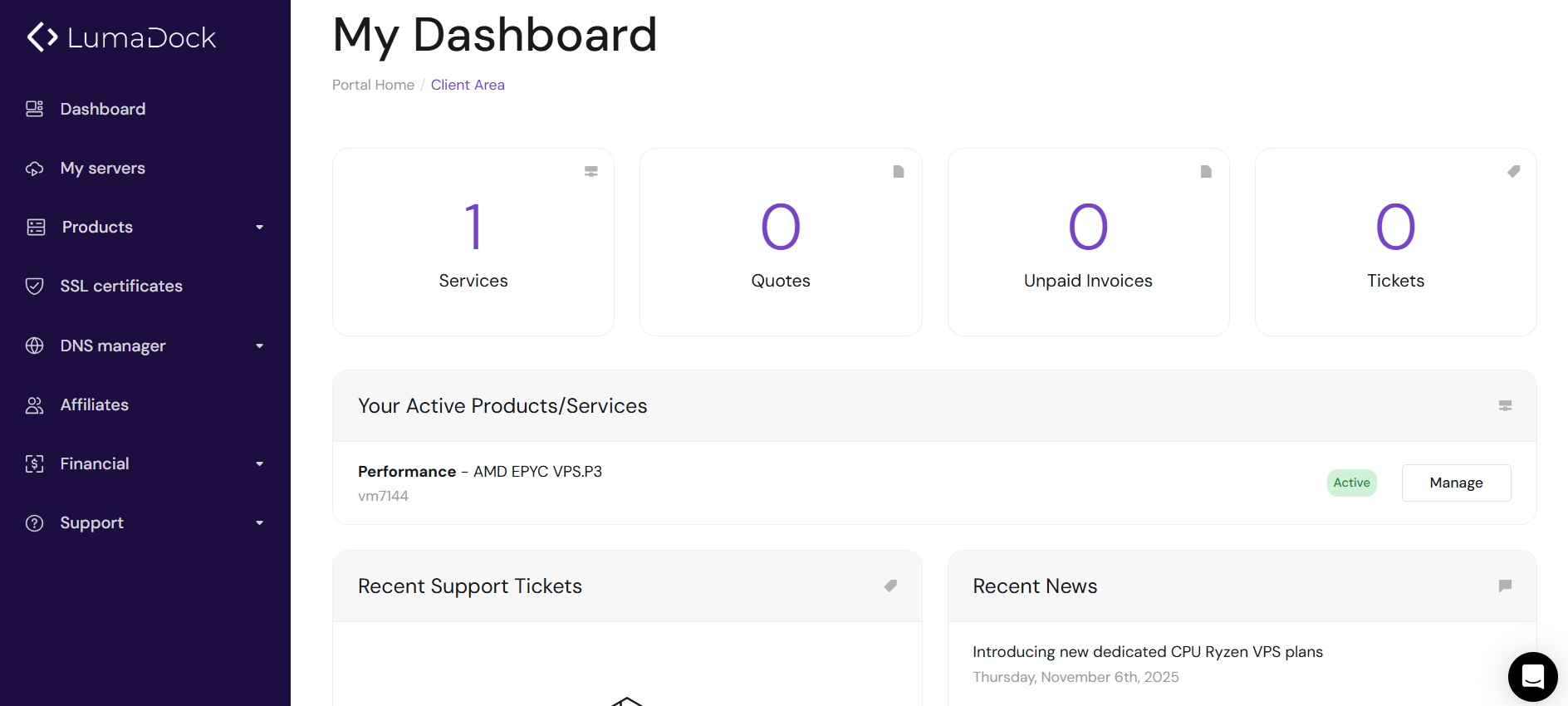 Screenshot of LumaDock dashboard