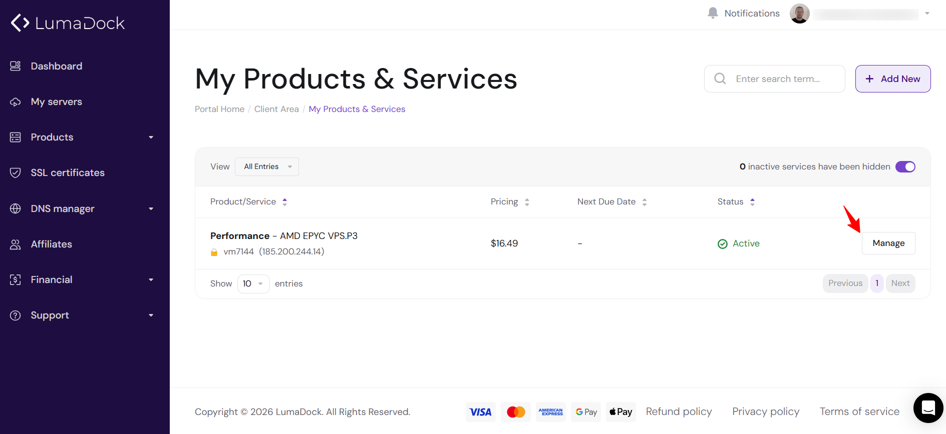 Screenshot of LumaDock dashboard products tab