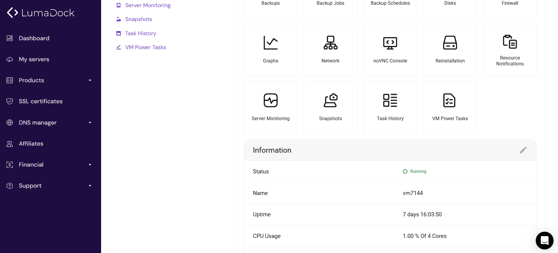 Screenshot of LumaDock dashboard