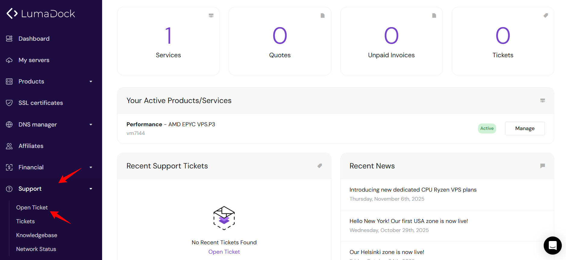 Screenshot of LumaDock dashboard Support button