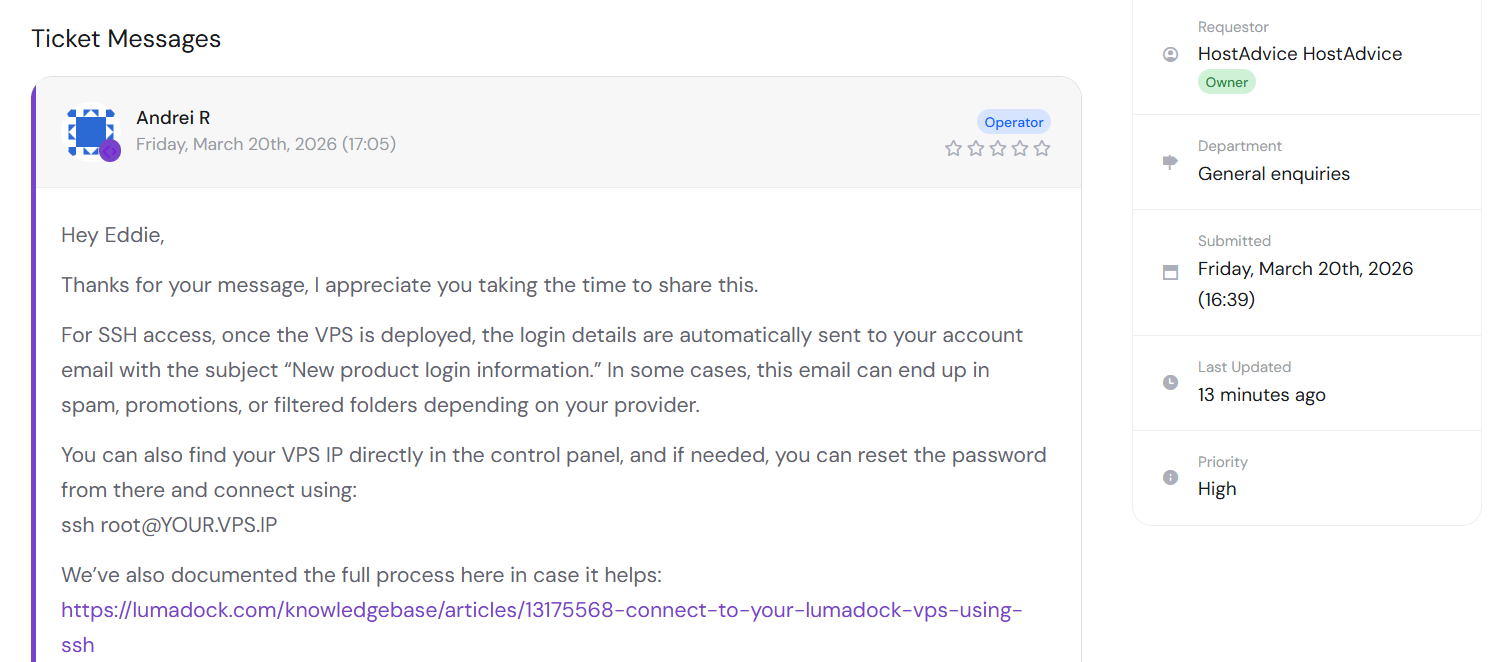 Screenshot of ticket support