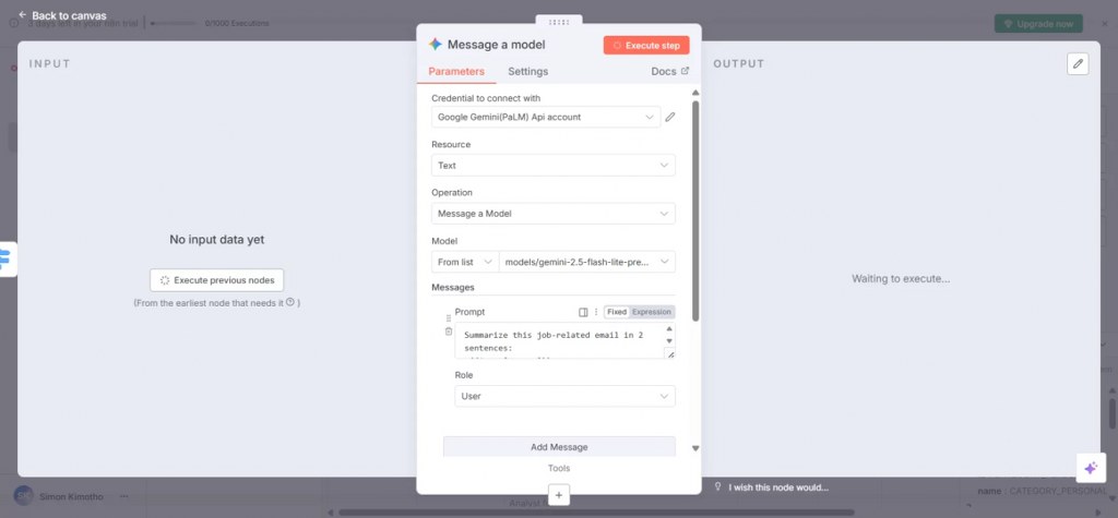 n8n AI node setup using Google Gemini model